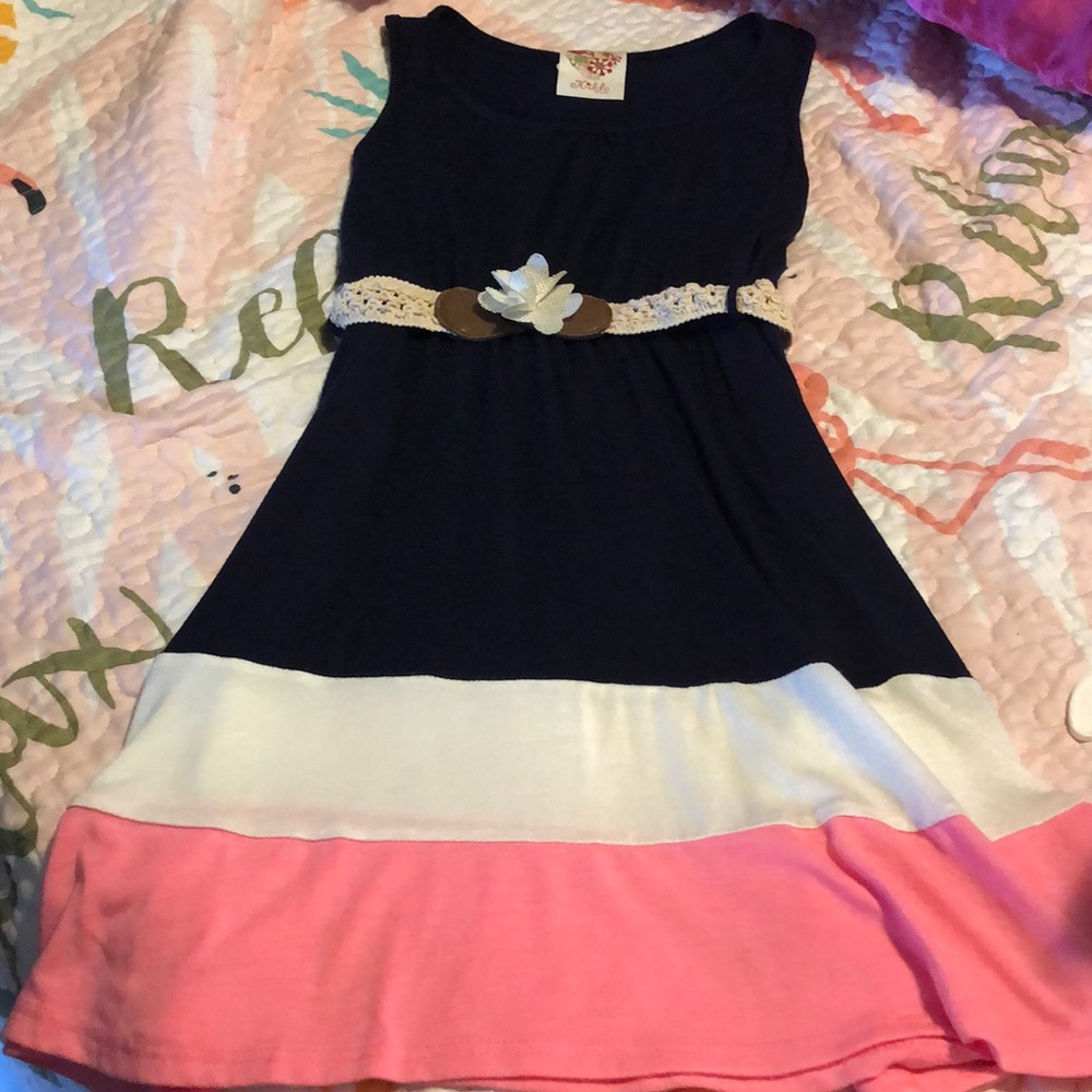 Girls navy belted T-shirt material dress